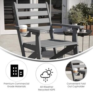 Flash Furniture Tolleson Adirondack Dining Chair with Cup Holder, Commercial Weather Resistant Recycled HDPE Adirondack Chair, Fold Out Cupholder, Gray