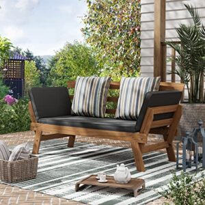 Greemotion Velden Certified Acacia Natural Finish Wood Sofa Narrow Daybed Small Loveseat Patio Sofa Bed Patio Lounge Bed Wood Couch, Outdoor Convertible Daybed Porch Loveseat with Gray Cushion