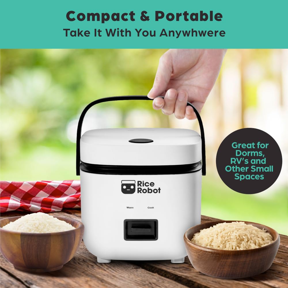 Rice Robot Personal Rice Cooker, PFAS-free, Nonstick. 1 Quart Capacity, with Stainless Steel Steamer Tray, Measuring Cups, Recipe Book with 60 Recipes, and Serving Spoon, As Seen On TV