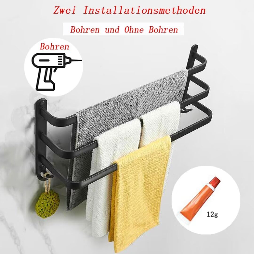 Towel Rails Wall Mounted with 2 Hooks Space Aluminum Towel Rack Bathroom,Drilling and No Drilling Towel Holder for Bathroom Hotel Kitchen Black 3 Layer 80cm