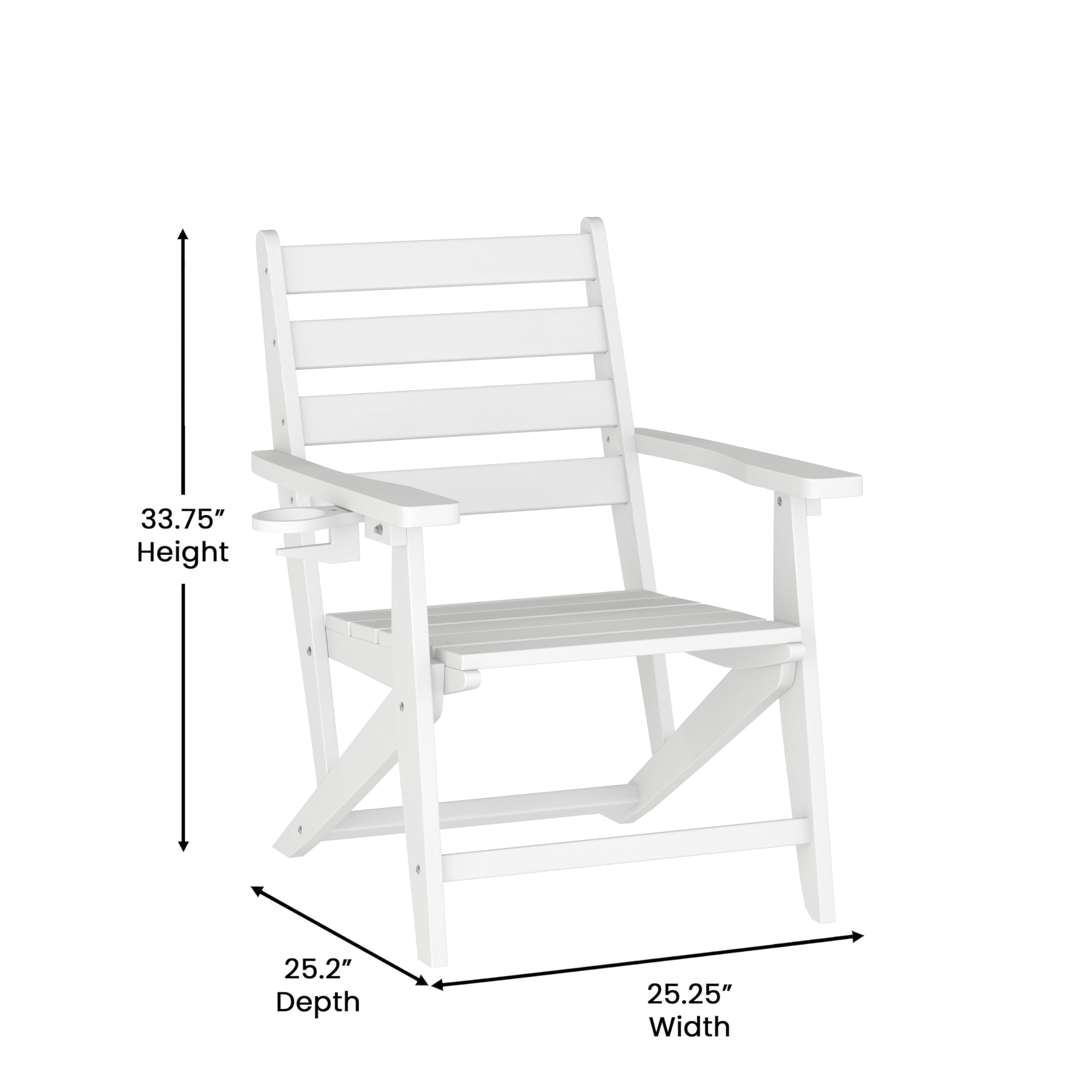 Flash Furniture Tolleson Adirondack Dining Chair with Cup Holder, Commercial Weather Resistant Recycled HDPE Adirondack Chair, Fold Out Cupholder, White