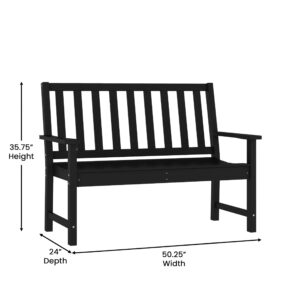 Flash Furniture Ellsworth Indoor-Outdoor Bench with Arms, Commercial Grade All Weather Recycled HDPE, Contoured Seat, UV Fade Resistant, 50", Black