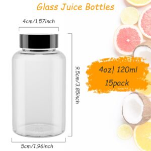 Keketin 15 Pack 4 oz Glass Shot Bottles with Lids,120ml Empty Glass Juice Bottles for Whiskey,Wide Mouth Clear Glass Bottles with Labels for Beverages,Milk,Drinking& Liquids Storage