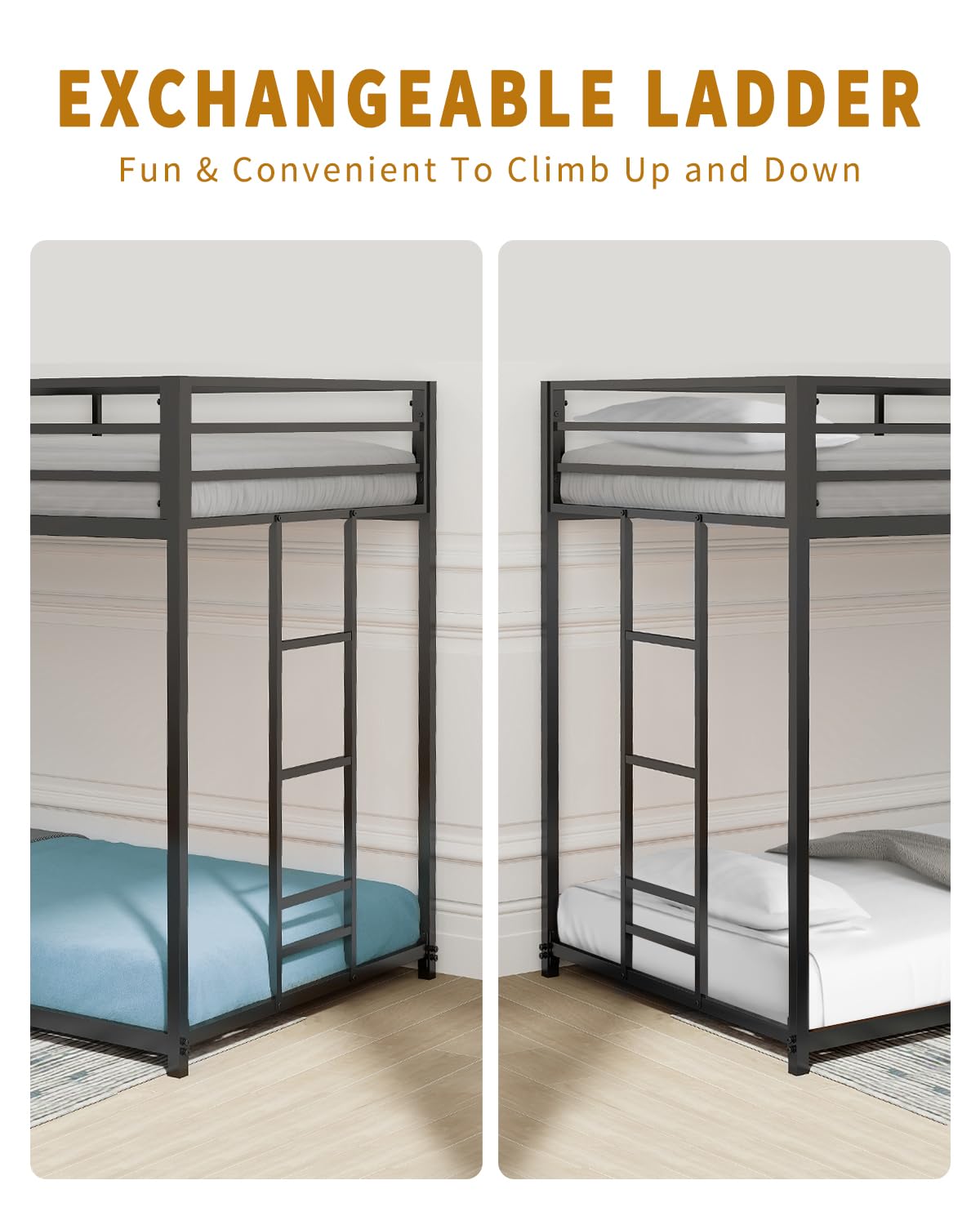 Twin Over Twin Bunk Bed - LifeSky Metal Low Profile Bunkbed with Side Ladder Black