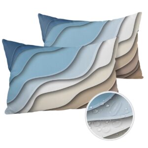 MUSWEDSEP Blue Stripe Outdoor Pillow Covers Pack of 2,Ocean Beach Modern Geometric Waterproof Throw Pillow Cover,Brown Gradient Water Ripple Decorative Cushion Case for Patio Garden Couch Sofa