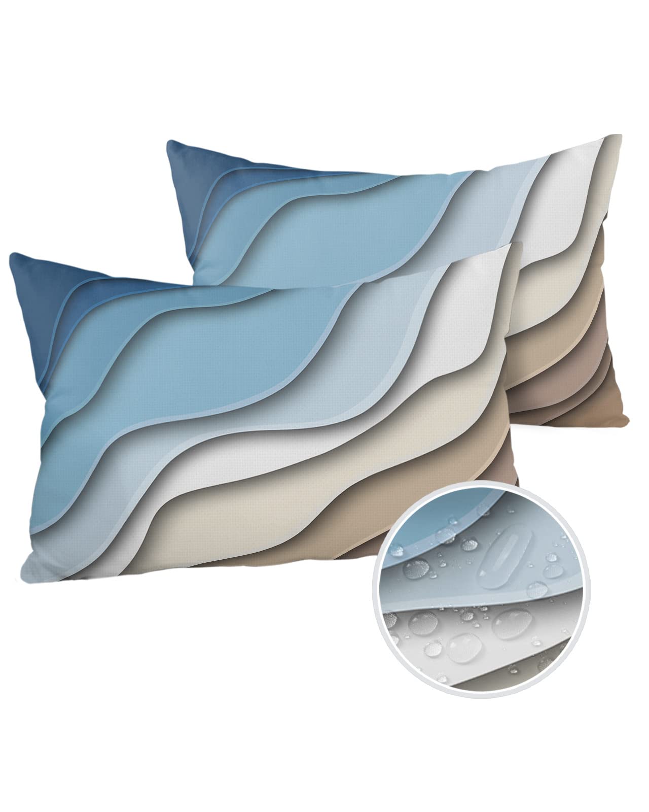 MUSWEDSEP Blue Stripe Outdoor Pillow Covers Pack of 2,Ocean Beach Modern Geometric Waterproof Throw Pillow Cover,Brown Gradient Water Ripple Decorative Cushion Case for Patio Garden Couch Sofa