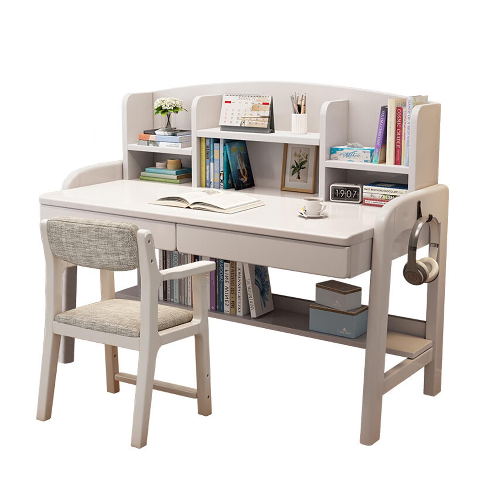 Solid Wood Desk Kids Desks with Drawers and Bookshelf, Height-Adjustable Desk Suit for All Ages, Learning Computer Workstation Writing Desk with Hooks, Study Home Office Desk ( Color : White with chai