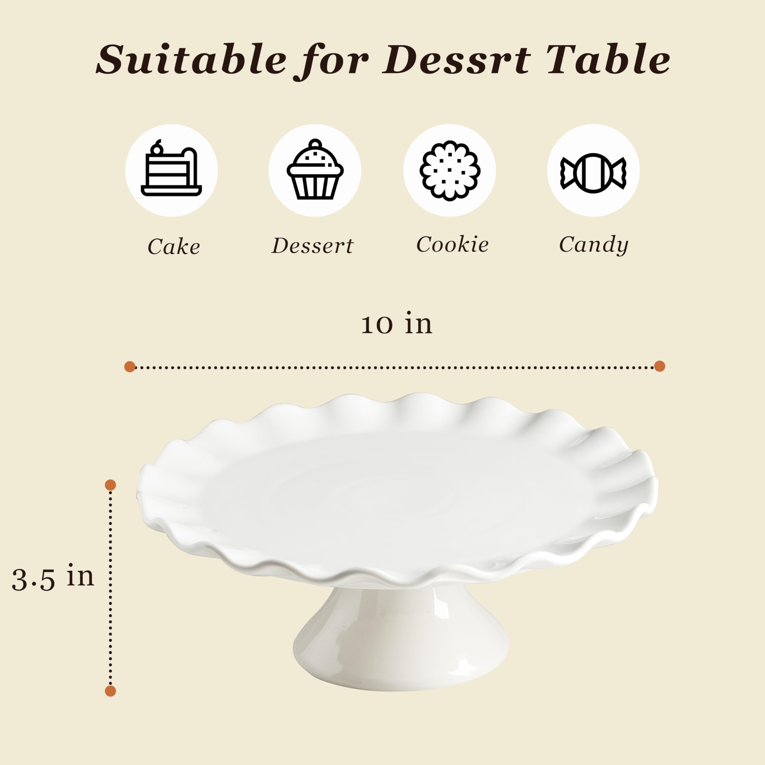 YHOJOY White Cake Stand, 10 Inch Wedding Cake Stands for Party, Round Dessert Stand, Ceramic Cake Plate Cupcake Stand for Dessert Table Display, Ruffle Trim