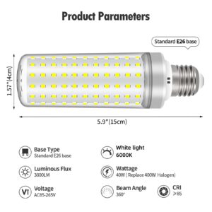 E26 LED Bulbs, 40W LED Light Bulbs Equivalent 400W, 6000K Daylight White, Not Dimmable, AC 85-265V, E26 Light Bulbs (4 Pack)