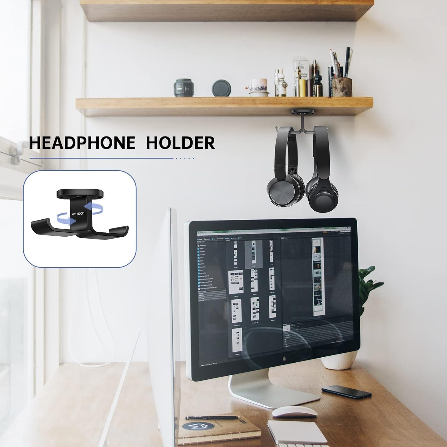 aceyoon Headphone Stand Hanger Under Desk Designed Aluminum Headphone Holder Hook 90° Rotatable Headsets Adhesive & Screws Universal Compatible with PC Gaming DJ Headsets