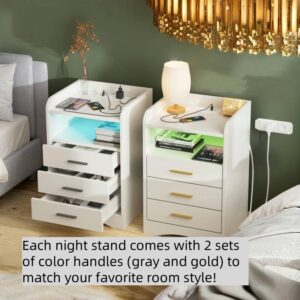 Halitaa White Night Stand with Charging Station, Side Tables with USB Ports & Outlets, End Table with 3 Drawers,LED Night Stand with Storage for Living Room/Bedroom