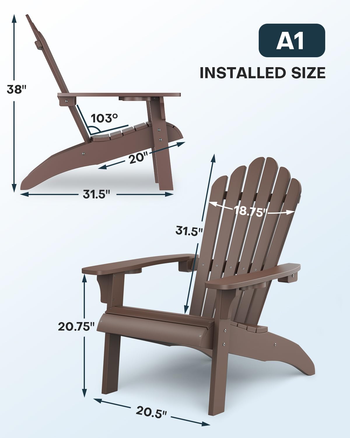 Upstreman Home Plastic Adirondack Chair Set of 1, Outdoor Fire Pit Chair with Cup Holder, Adirondack Patio Chair Weather Resistant for Outside, Porch, Lawn, Garden- A1, Coffee