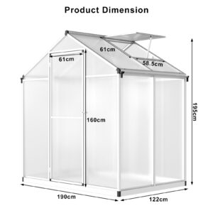 Garvee 6x4 FT Greenhouse for Outdoors, Polycarbonate Greenhouse with Quick Setup Structure and Roof Vent, Aluminum Large Walk-in Greenhouse for Outside Garden Backyard, Silver