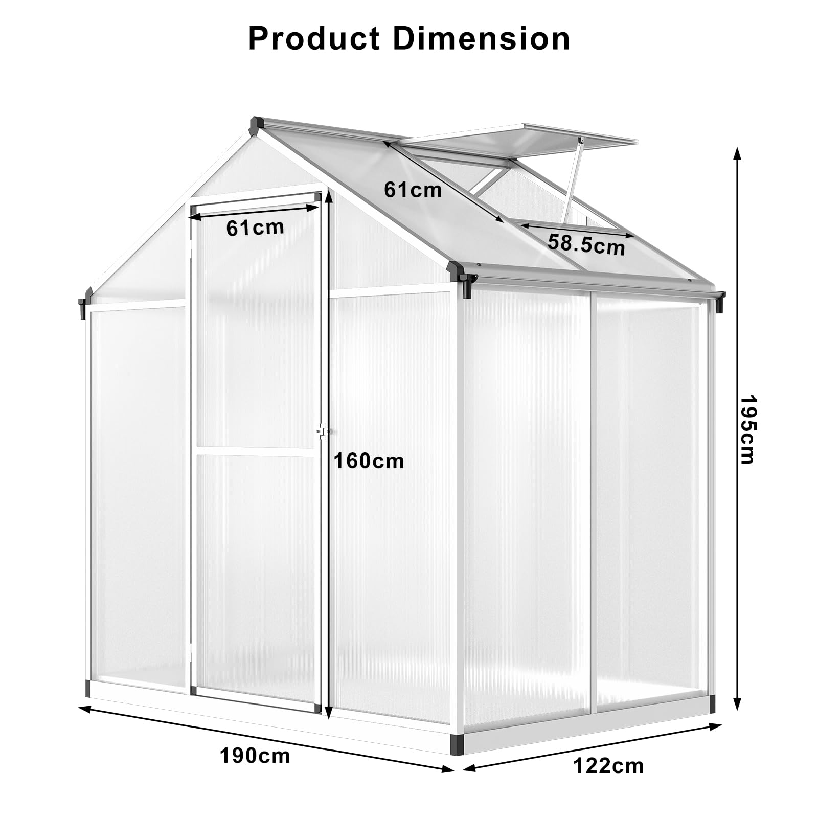 Garvee 6x4 FT Greenhouse for Outdoors, Polycarbonate Greenhouse with Quick Setup Structure and Roof Vent, Aluminum Large Walk-in Greenhouse for Outside Garden Backyard, Silver