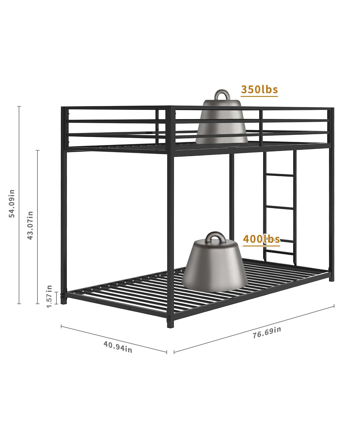 Twin Over Twin Bunk Bed - LifeSky Metal Low Profile Bunkbed with Side Ladder Black