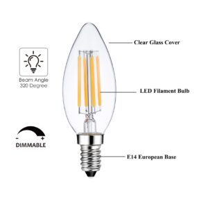 Sunaiony E14 Light Bulb 40 Watt Equivalent Dimmable Candle Bulb 2700K Warm White, Candelabra LED E14 European Light Bulbs, 6 Pack