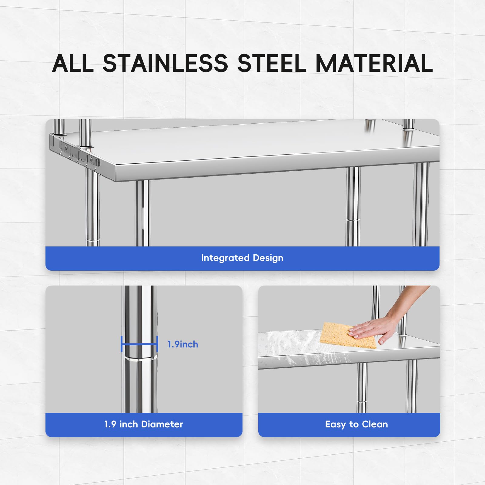 36 x 24 Inches Stainless Steel Work Table with Overshelves, NSF Heavy Duty Commercial Food Prep Worktable with Adjustable Shelf & Hooks for Kitchen Prep Work