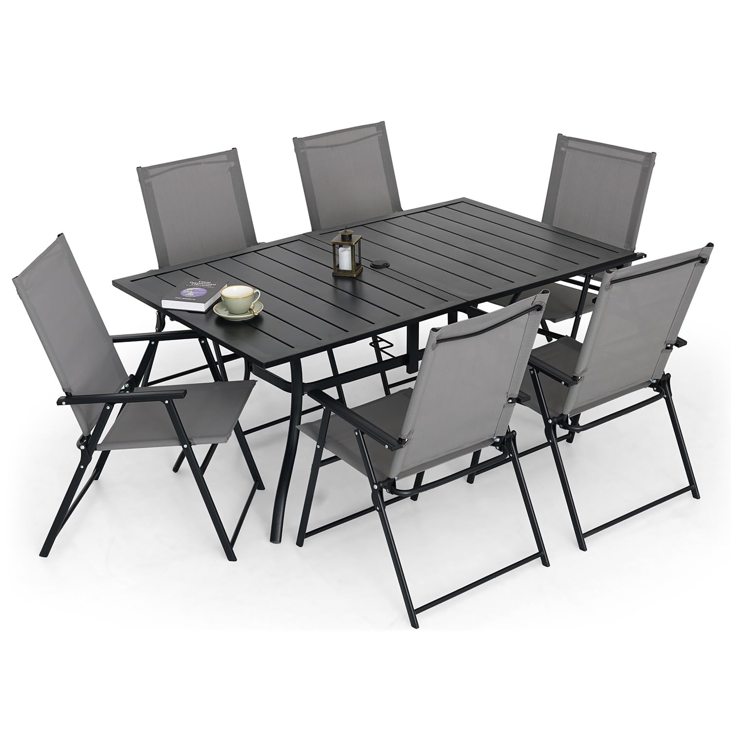 Virvla 7 Pieces Folding Patio Dining Set Outdoor Furniture with 6 Patio Folding Chairs and Rectangular Table for Yard, Garden, Porch and Poolside - Grey