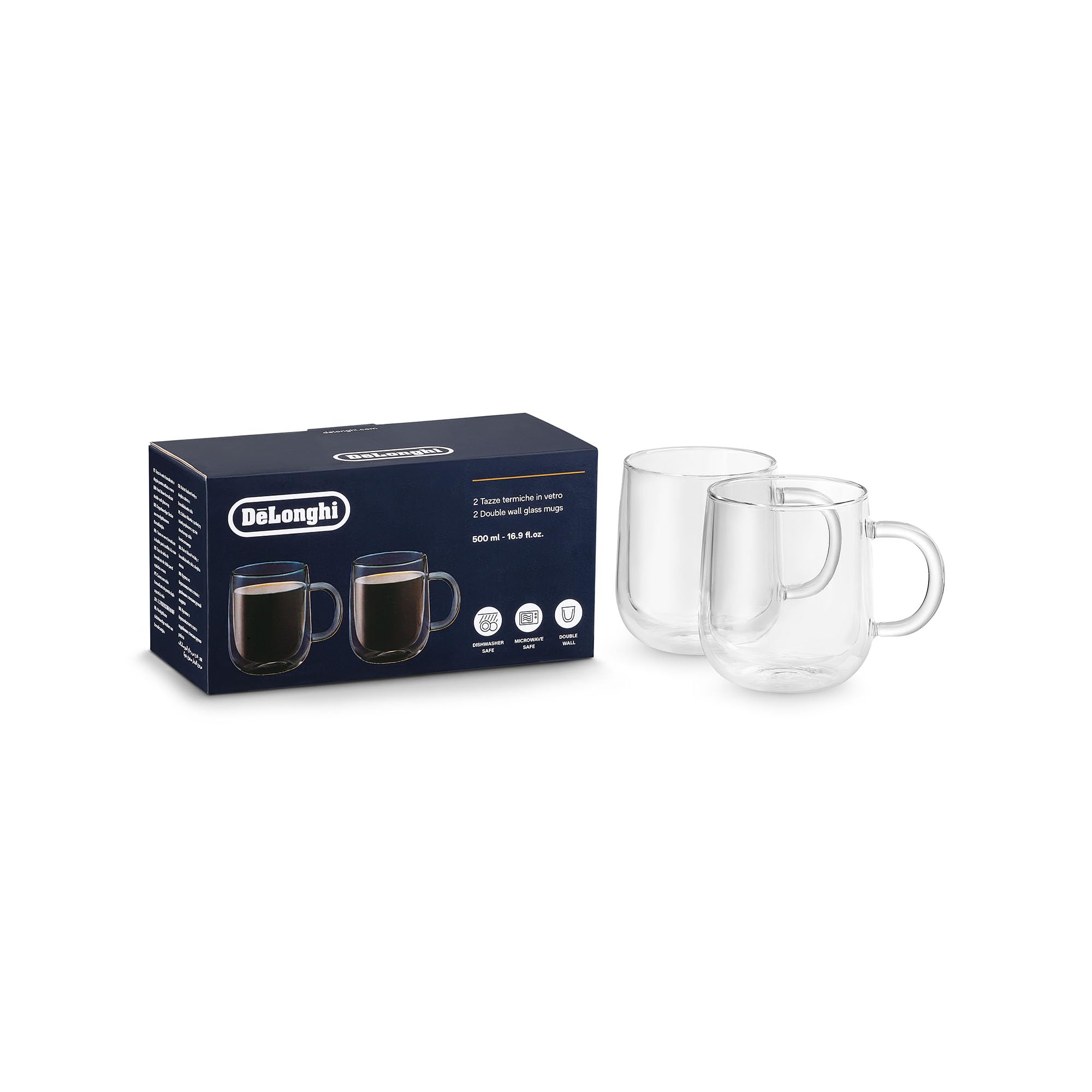 De'Longhi Double Wall Glass Mug, (500ml 16.9oz) Set of 2