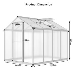 6x8 FT Greenhouse for Outdoors, Polycarbonate Greenhouse with Quick Setup Structure and Roof Vent, Aluminum Large Walk-in Greenhouse for Outside Garden Backyard, Silver