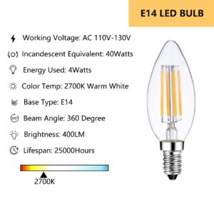 Sunaiony E14 Light Bulb 40 Watt Equivalent Dimmable Candle Bulb 2700K Warm White, Candelabra LED E14 European Light Bulbs, 6 Pack