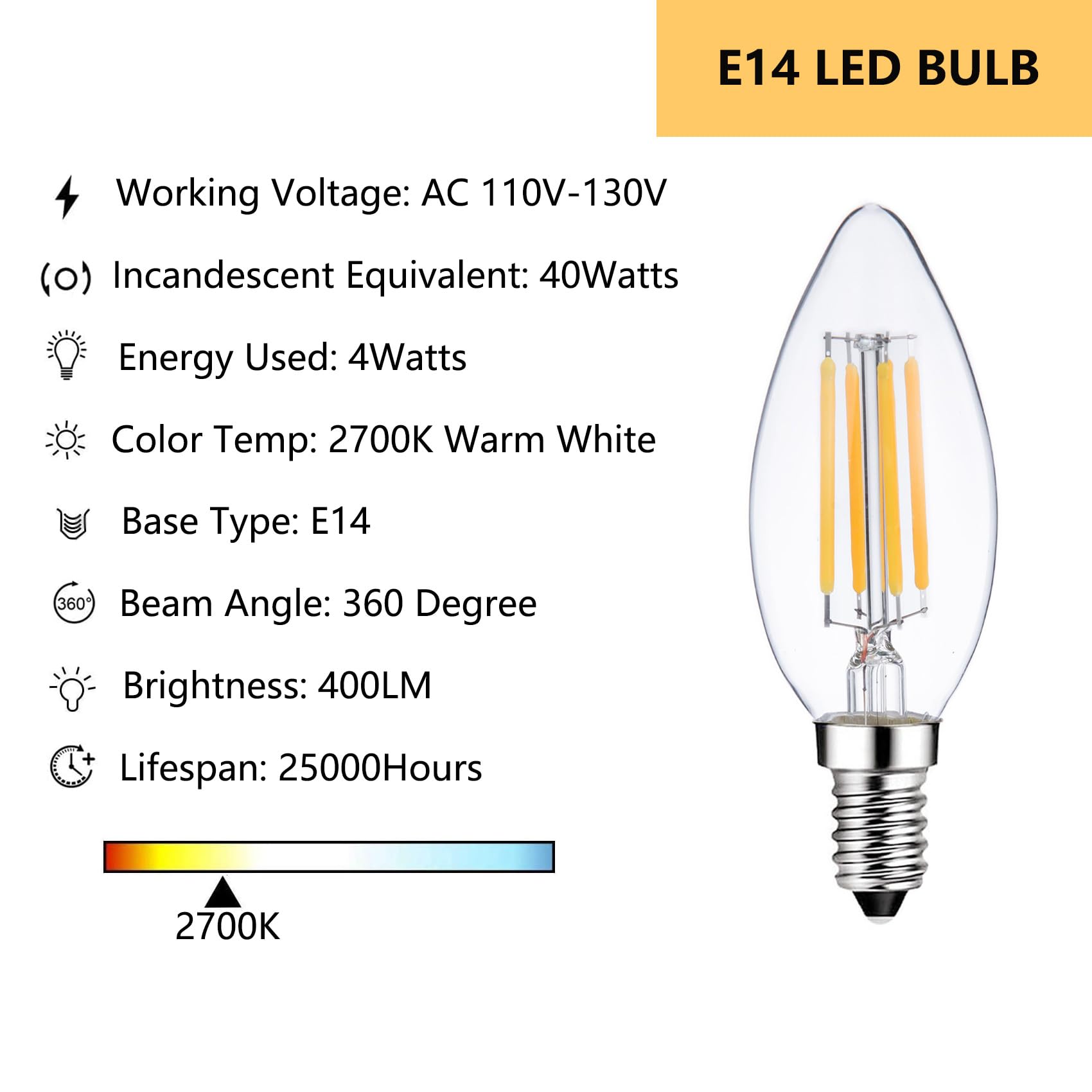 Sunaiony E14 Light Bulb 40 Watt Equivalent Dimmable Candle Bulb 2700K Warm White, Candelabra LED E14 European Light Bulbs, 6 Pack