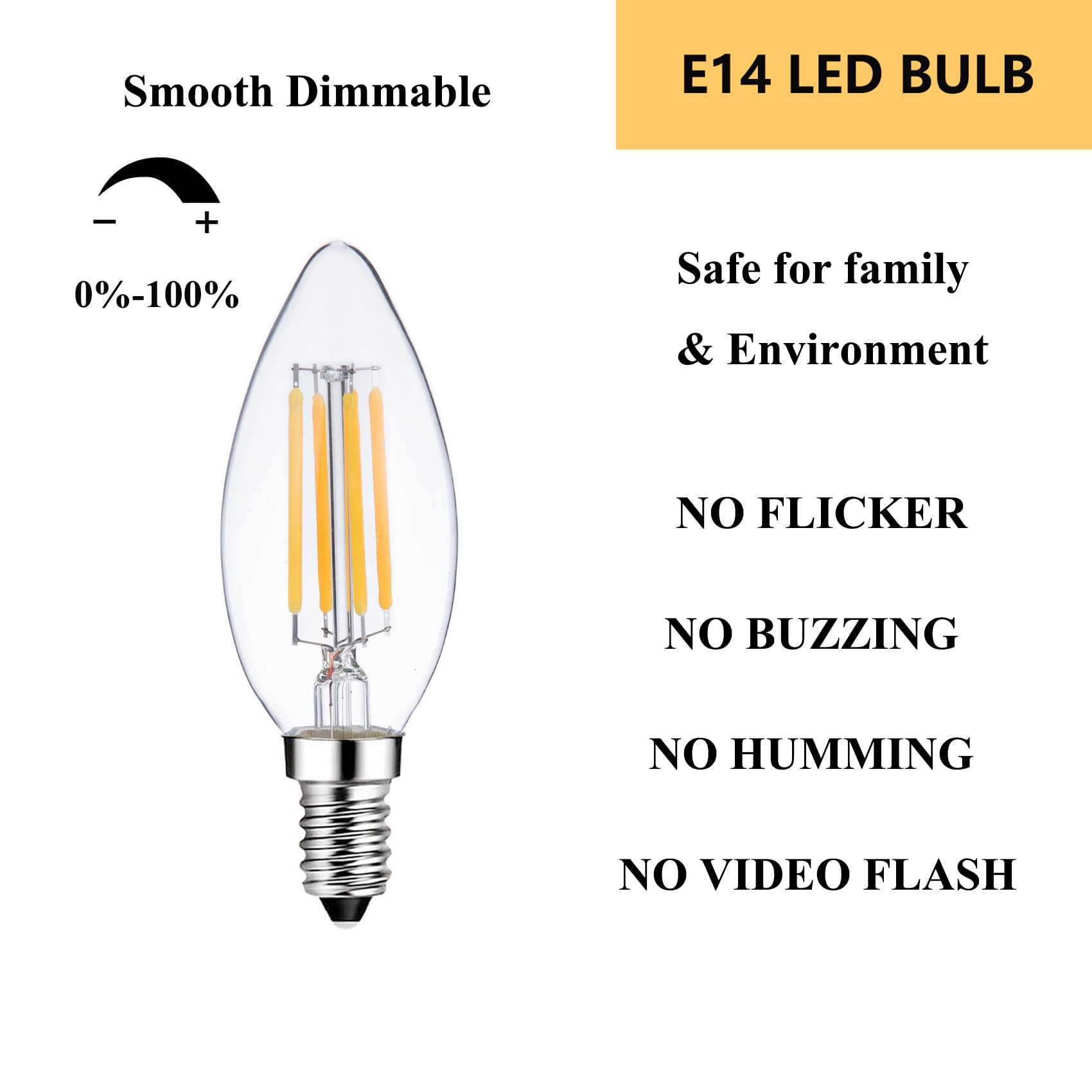 Sunaiony E14 Light Bulb 40 Watt Equivalent Dimmable Candle Bulb 2700K Warm White, Candelabra LED E14 European Light Bulbs, 6 Pack