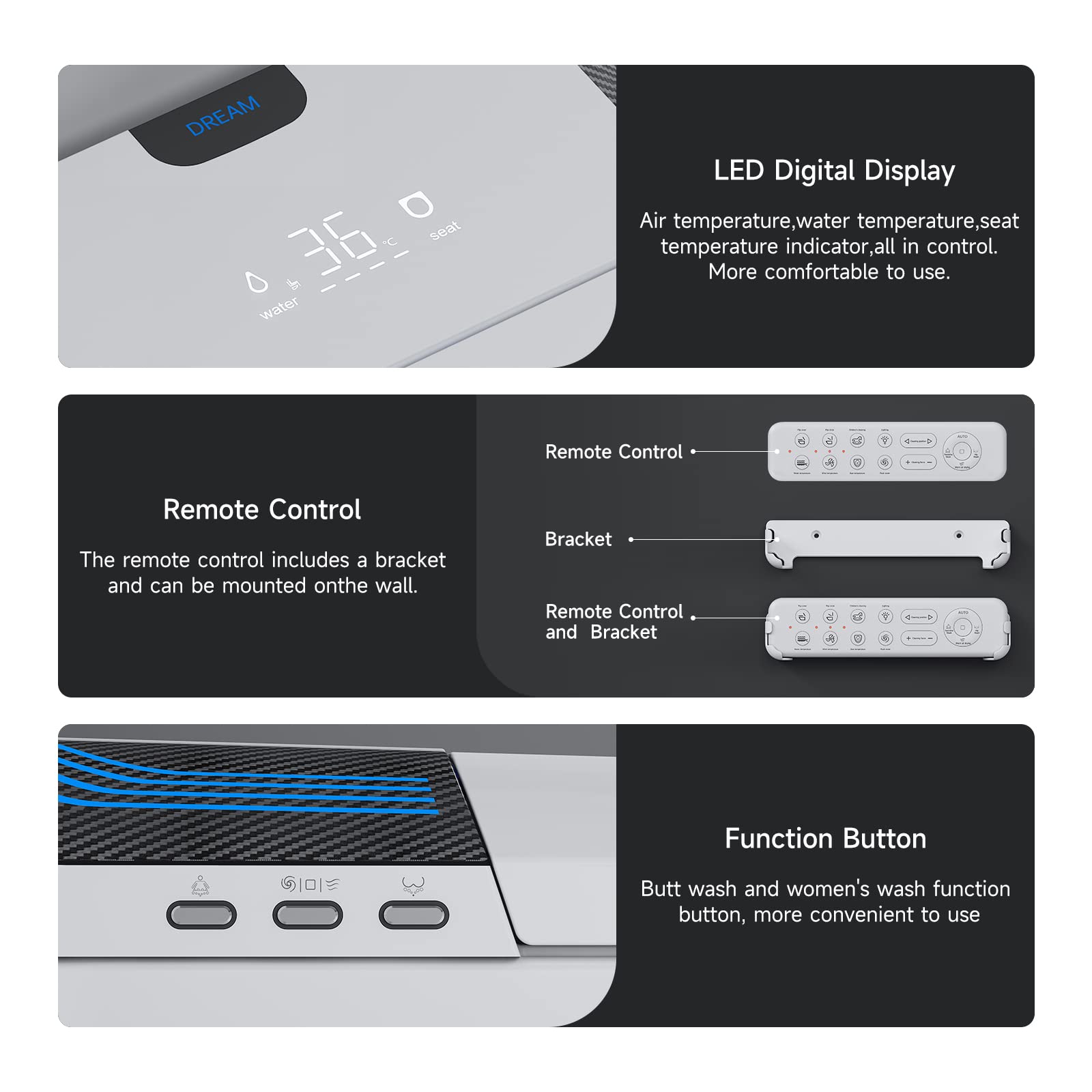 Tankless Smart Toilet with Bidet Built In, One Piece Bidet Toilet Warm Water Sprayer and Dryer - Auto Flush, Auto Open & Close, Heated Seat, LED Display- Remote Control