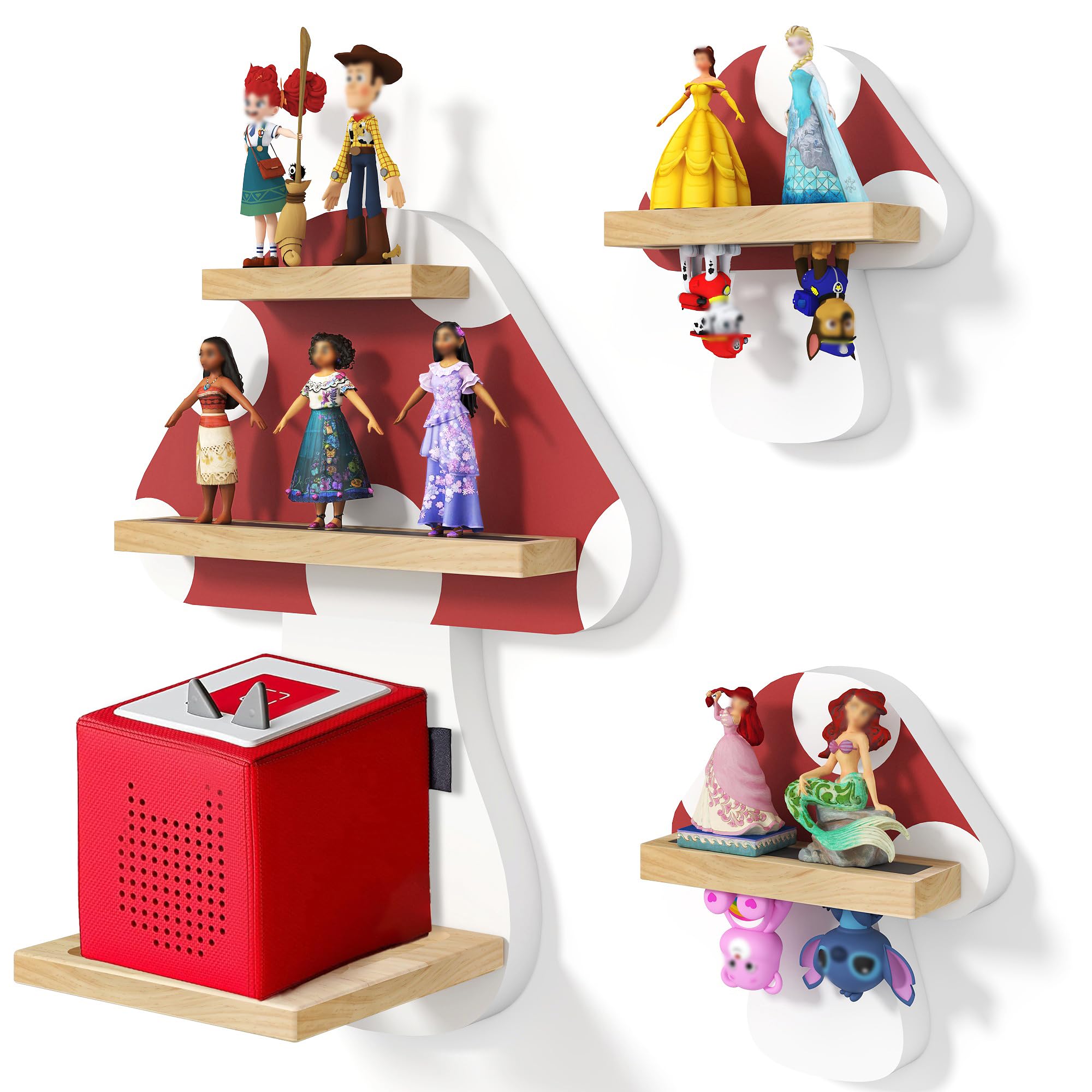 YEMNMFH Set of 3 Magnetic Wall Shelf for Toniebox, Charging Station Storage, Cute Display Shelves Wall Mounted for Tonie Figures, Unique Tonie Shelf for Children to Play and Collect - Mushroom