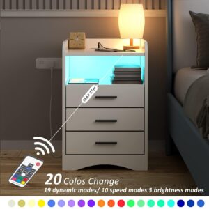 Halitaa White Night Stand with Charging Station, Side Tables with USB Ports & Outlets, End Table with 3 Drawers,LED Night Stand with Storage for Living Room/Bedroom