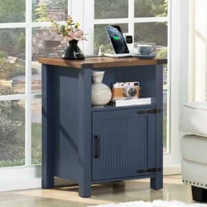 joaxswe night stand with charging station and usb port, 18 inch farmhouse nightstand with storage shelf, rustic couch end table with magnetic door, wood bed side tables for bedroom, home, nayv blue