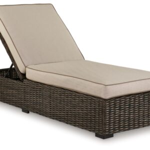 Signature Design by Ashley Coastline Bay Casual Outdoor Armless Chaise Lounge with Cushion and Adjustable Height, Beige & Dark Brown