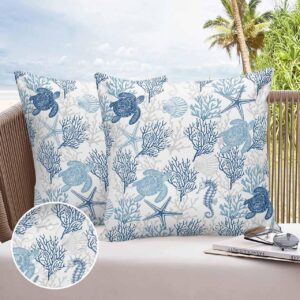 Sea Turtle Outdoor Waterproof Pillow Covers,Nautical Blue Coral Decorative Throw Pillow Covers,Starfish Shell Seahorse Cushion Case for Patio Tent Bed Sofa Living Room Marine Life on White Pillowcase