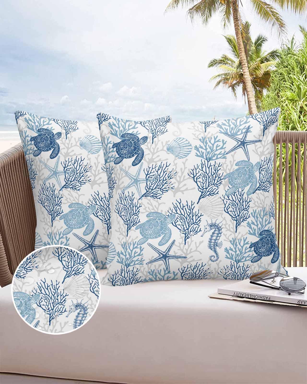 Sea Turtle Outdoor Waterproof Pillow Covers,Nautical Blue Coral Decorative Throw Pillow Covers,Starfish Shell Seahorse Cushion Case for Patio Tent Bed Sofa Living Room Marine Life on White Pillowcase