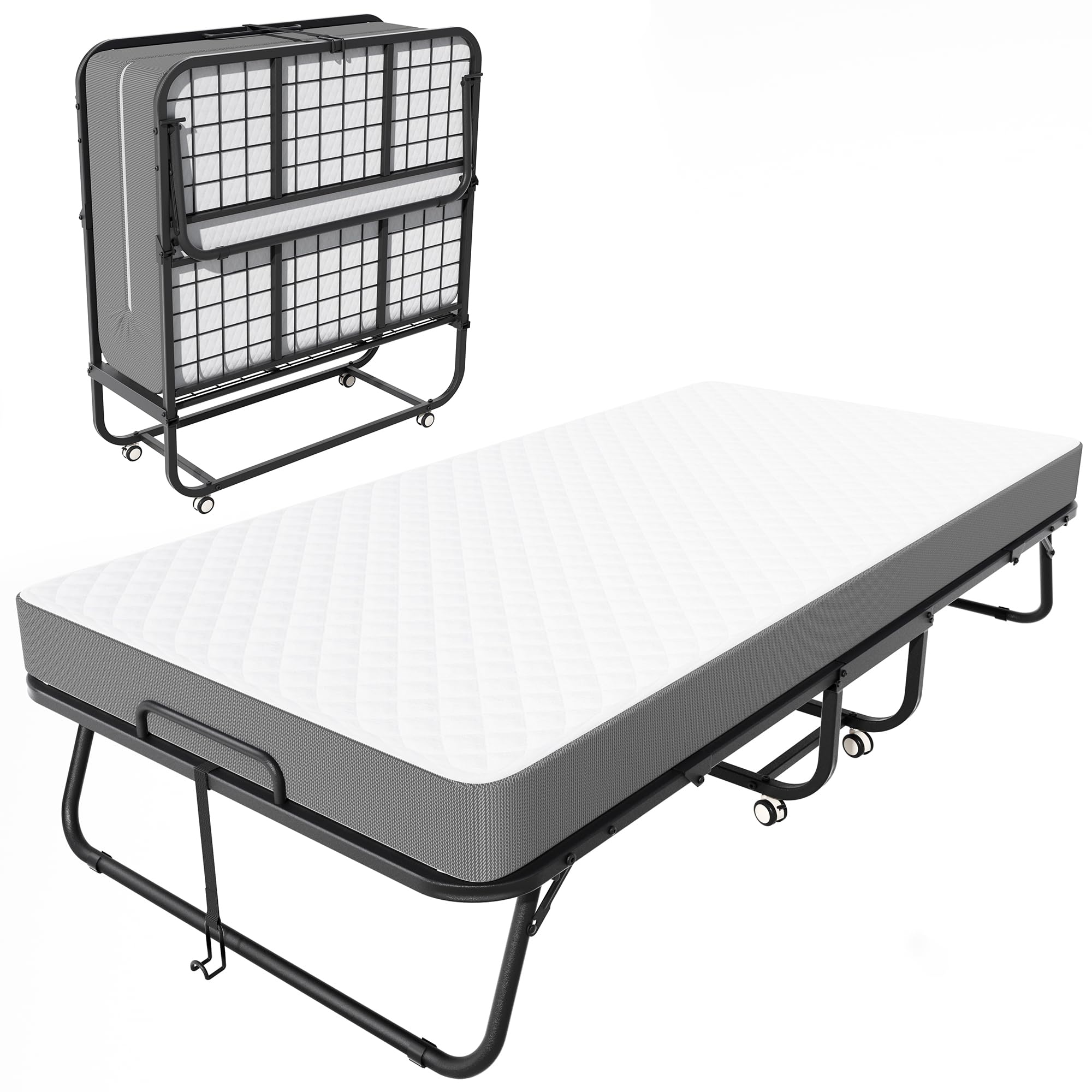 INTERGREAT Folding Bed with Mattress, Foldable Twin Bed, Roll Away Bed for Adults, 75" x 38" Portable Roll Away Guest Beds with 5" Mattress, Folded Bed Frame for Guest Room, Small Apartment