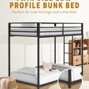 Twin Over Twin Bunk Bed - LifeSky Metal Low Profile Bunkbed with Side Ladder Black