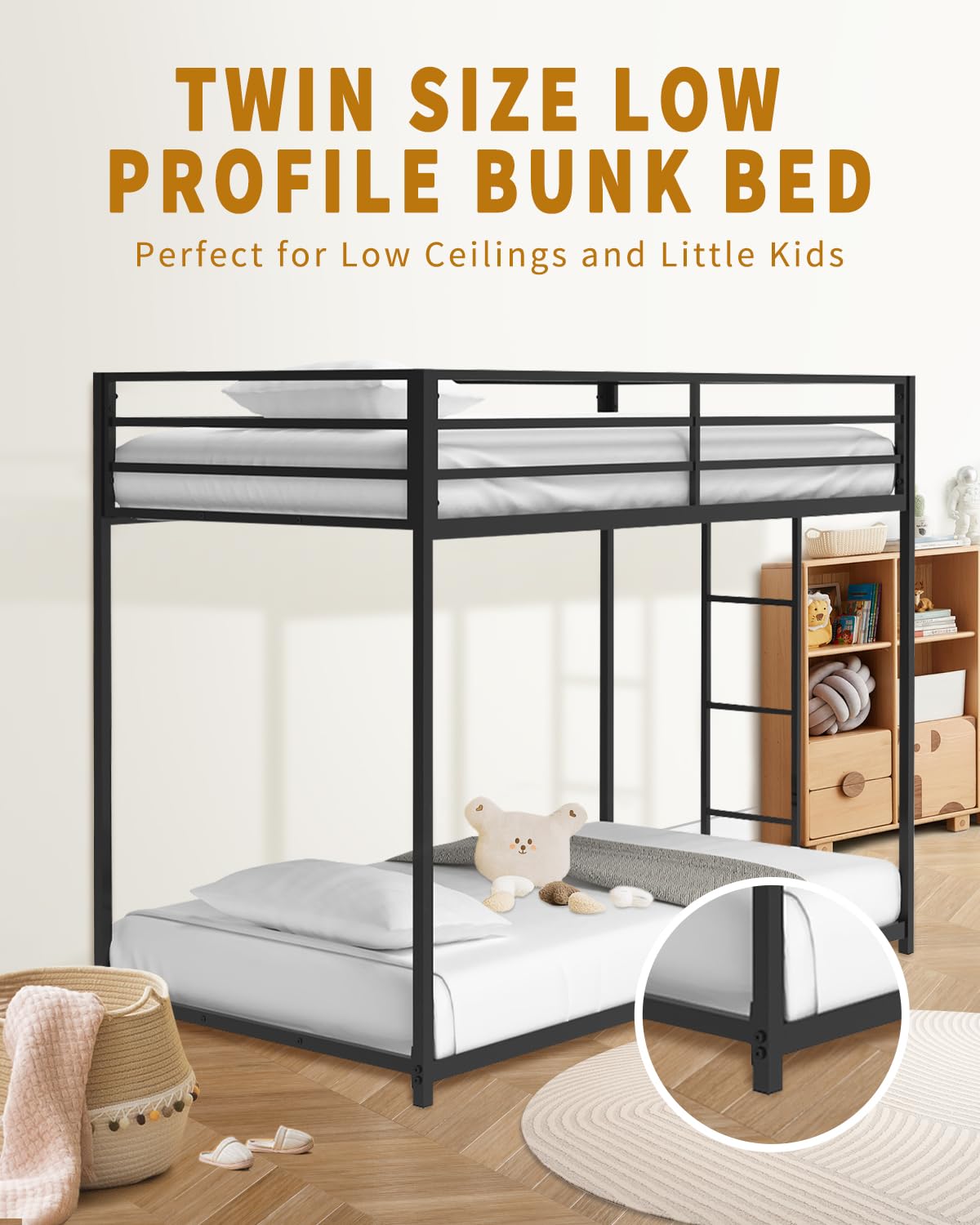 Twin Over Twin Bunk Bed - LifeSky Metal Low Profile Bunkbed with Side Ladder Black