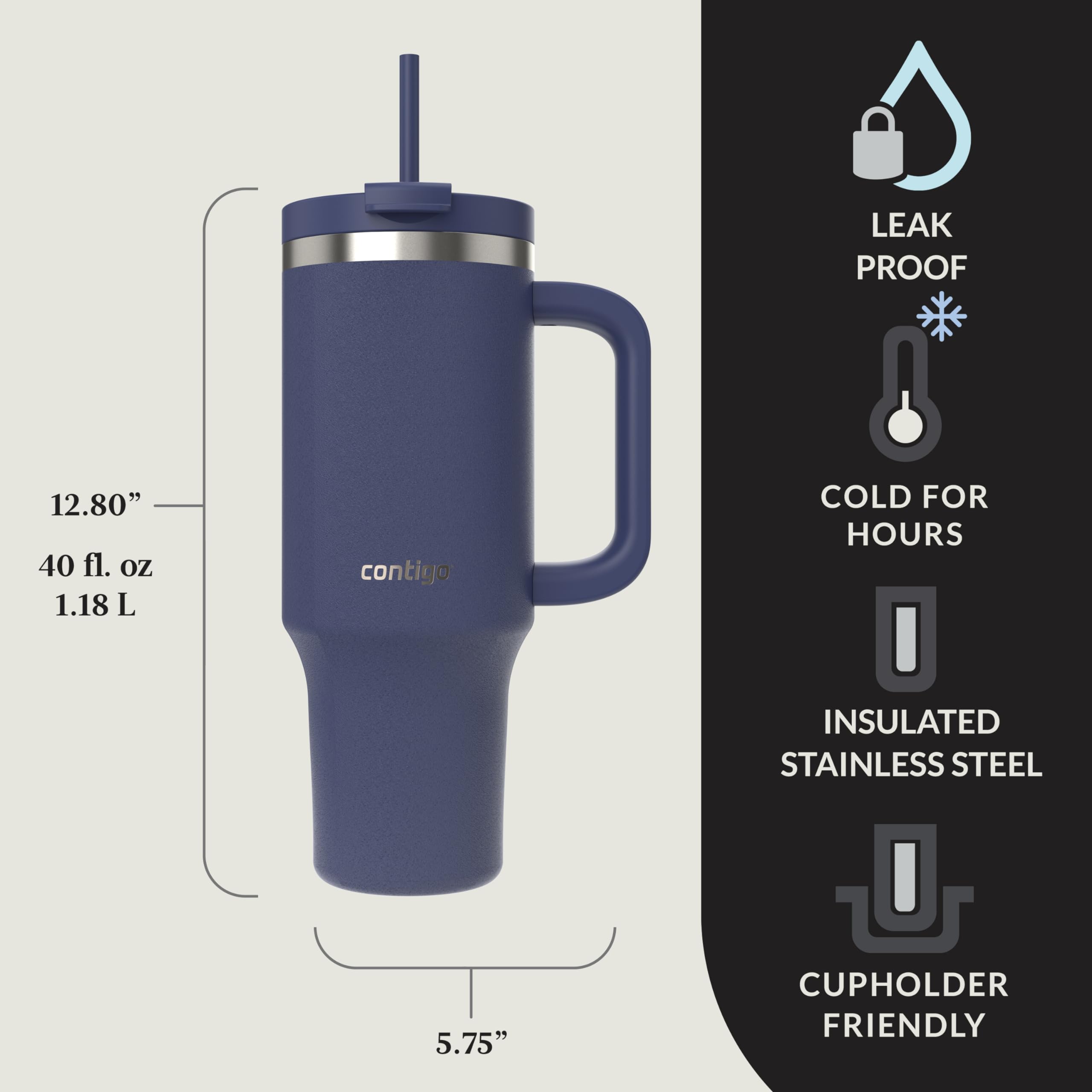 Contigo Streeterville 40oz Tumbler, Stainless Steel Vacuum Insulated, Leak-Proof, Cold for 29 Hours, Indigo