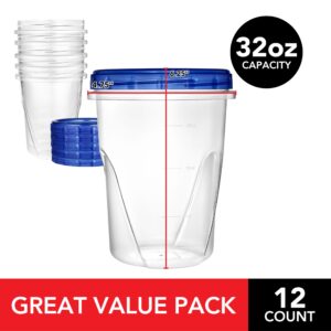 Stock Your Home 32oz Plastic Containers with Twist Top Lids (12 Pack), Quart Freezer Containers with Lids for Leftover Food, Airtight Reusable Soup Containers with Lids, Microwave and Dishwasher Safe