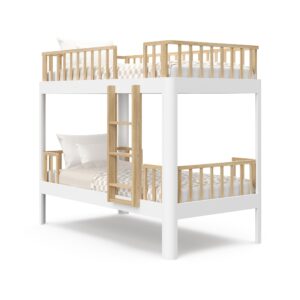 storkcraft next santos twin-over-twin 5-in-1 convertible bunk bed (white with natural) – greenguard gold certified, converts to loft bed and twin beds, modern style for kids room