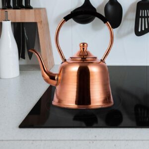 Fenteer Elegant Copper Tea Kettle with Ergonomic Handle, Pure Copper Teapot for Water Tea Coffee Fast Boiling, Large capacity Tea Kettle for Home Office Outdoor Gas and Induction Stovetop, 2L