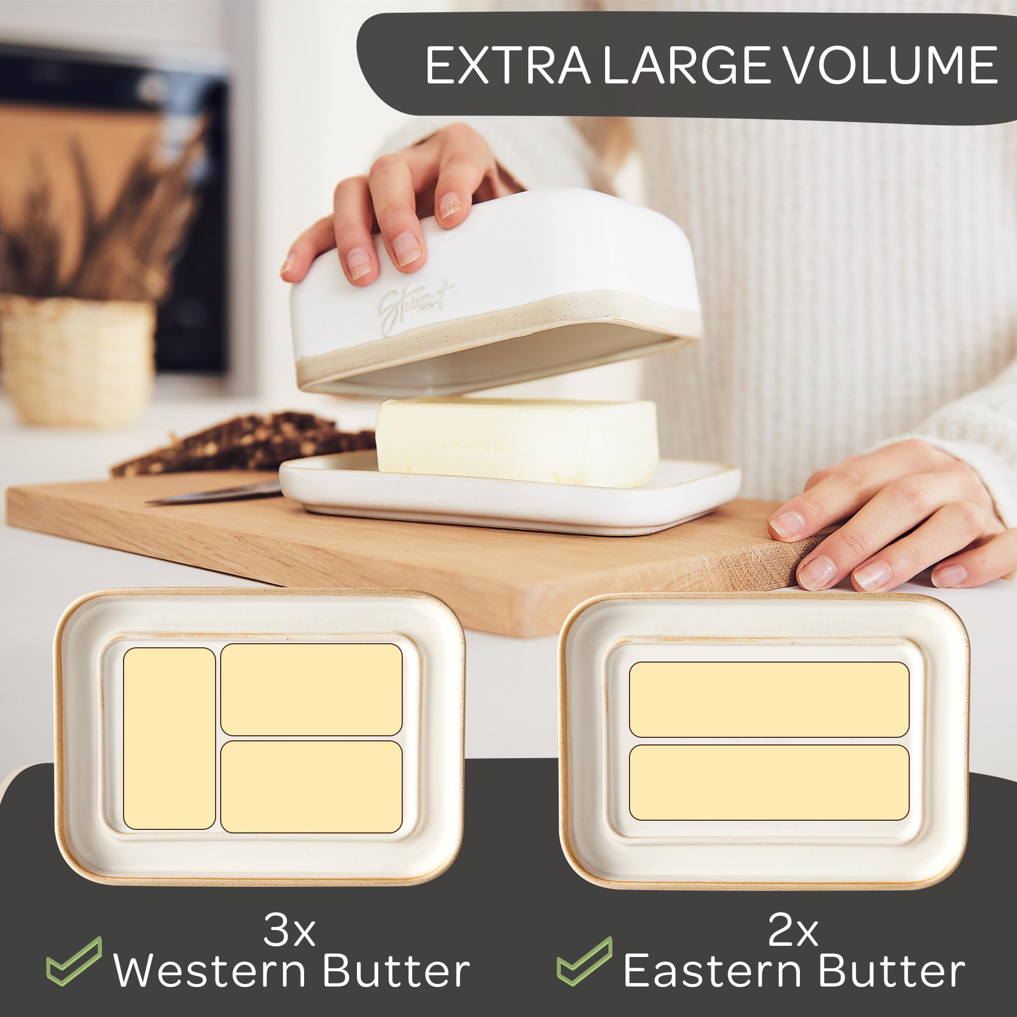 STEINZEIT Butter Dish with Lid (4.9 in x 6.9 in) - Ceramic Butter Dish - Large Butter Container for 2 pcs of Western Butter - Butter Dish with Lid for Countertop - Butter Holder Dishwasher Safe