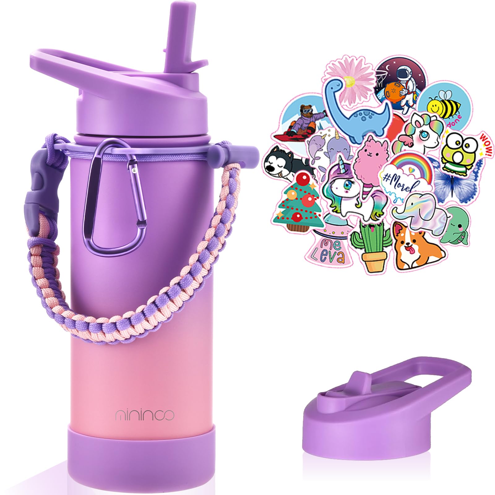 Mininoo Insulated Kids Water Bottle, 16oz Stainless Steel Water Bottle Kids with Paracord Handle for Girls, Boys（Purple/Pink）