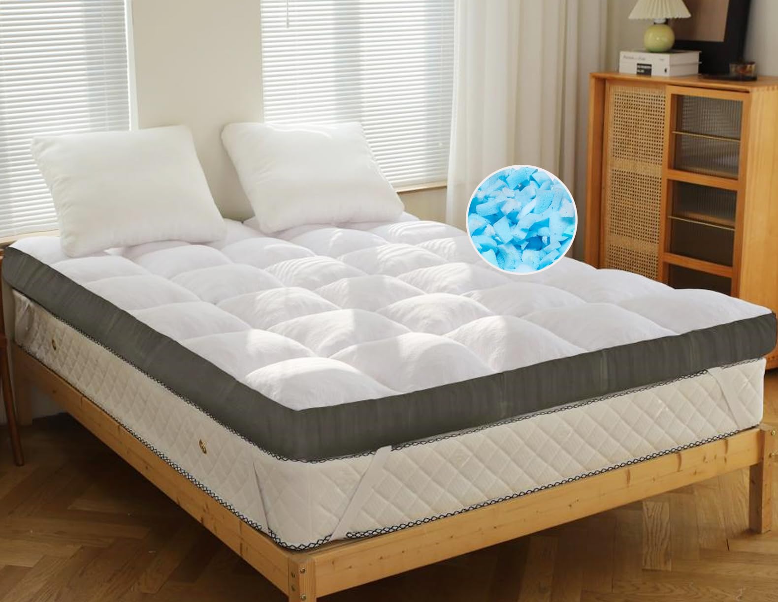 WhatsBedding 3 Inch Memory Foam Mattress Topper Queen Size Memory Foam Filled Warming Cooling Fluffy & Soft 100% Air Fabirc Top Pillow Top, Anti-Slip Bottom, 4 Elastic Straps, 80x60x3 Inch, Queen