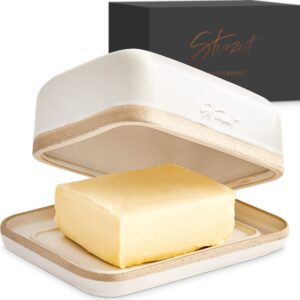 steinzeit butter dish with lid (4.9 in x 6.9 in) - ceramic butter dish - large butter container for 2 pcs of western butter - butter dish with lid for countertop - butter holder dishwasher safe