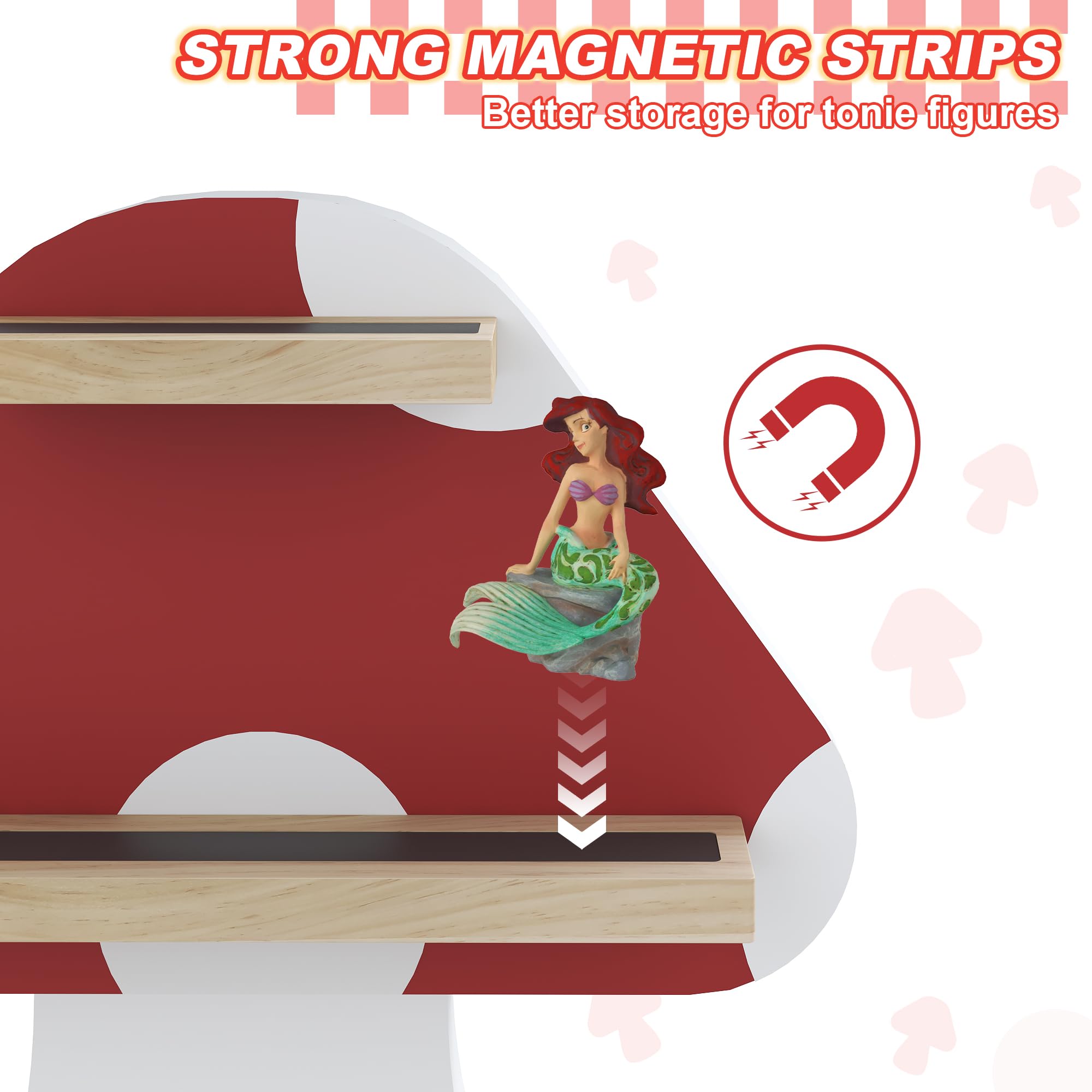 YEMNMFH Set of 3 Magnetic Wall Shelf for Toniebox, Charging Station Storage, Cute Display Shelves Wall Mounted for Tonie Figures, Unique Tonie Shelf for Children to Play and Collect - Mushroom