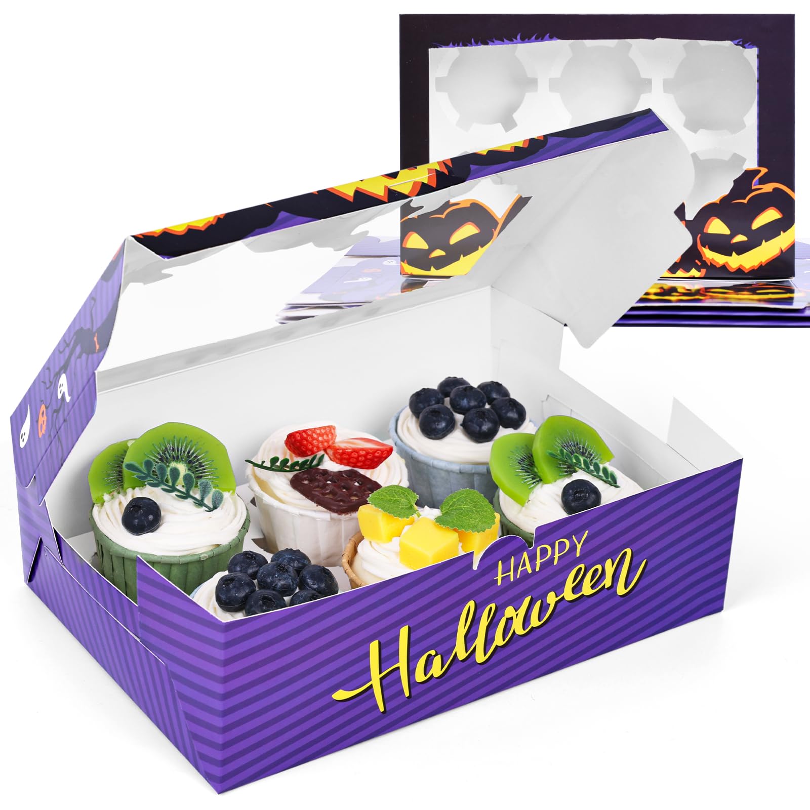 HONEYGIFTS 6 Count Cupcake Boxes, 6PCS Halloween Cupcake Boxes Cupcake Containers with Window Cupcake Holders Bakery Boxes for Holiday Party Supplies, 9.5 x 6.3 x 3 inches Purple