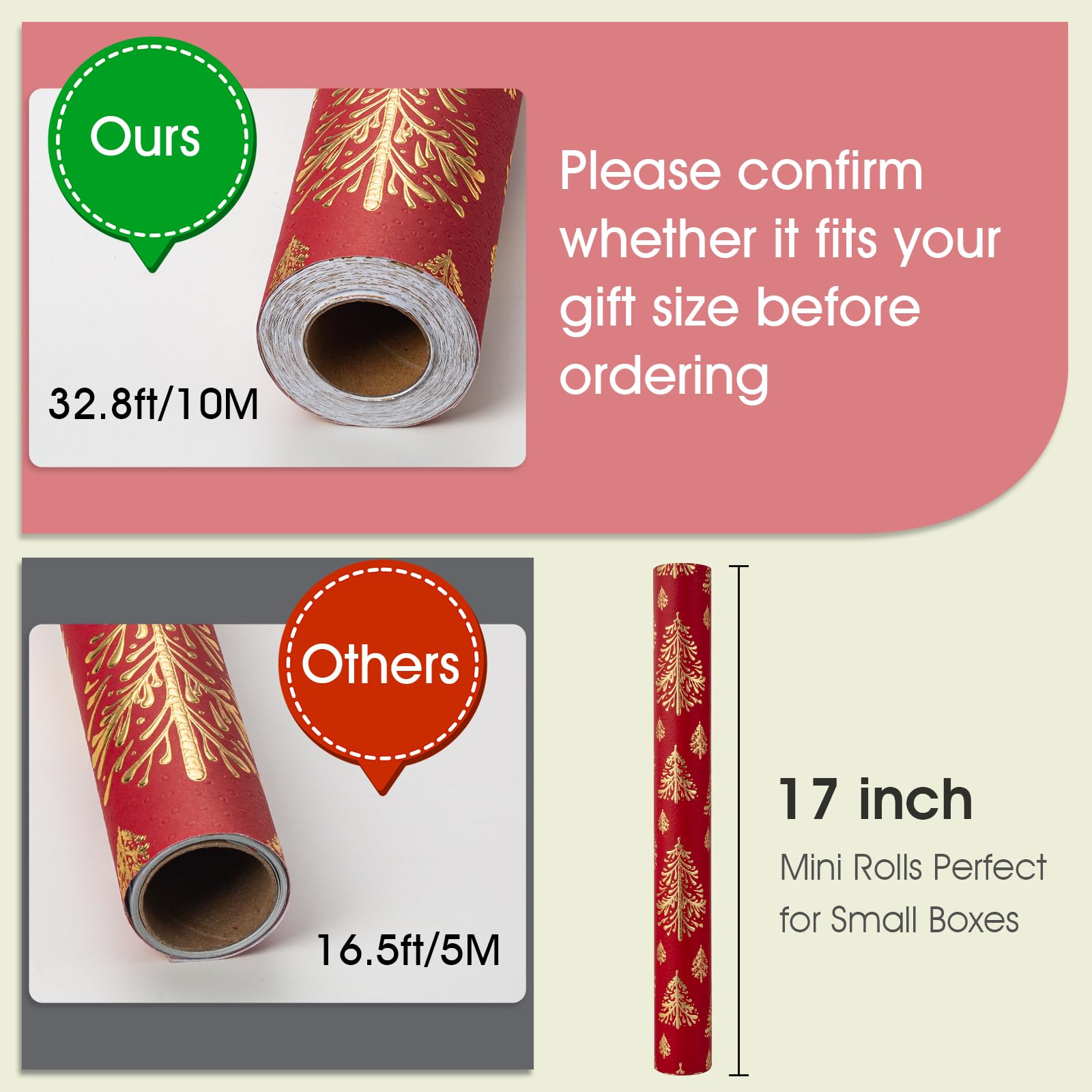 Flyhill Kraft Christmas Wrapping Paper-17inch*32.8ft（46.8sq.ft.ttl Per Roll- Red and Gold 3D Embossed Foil Christmas Trees Design for New Year,Birthday,Party,Craft & Art