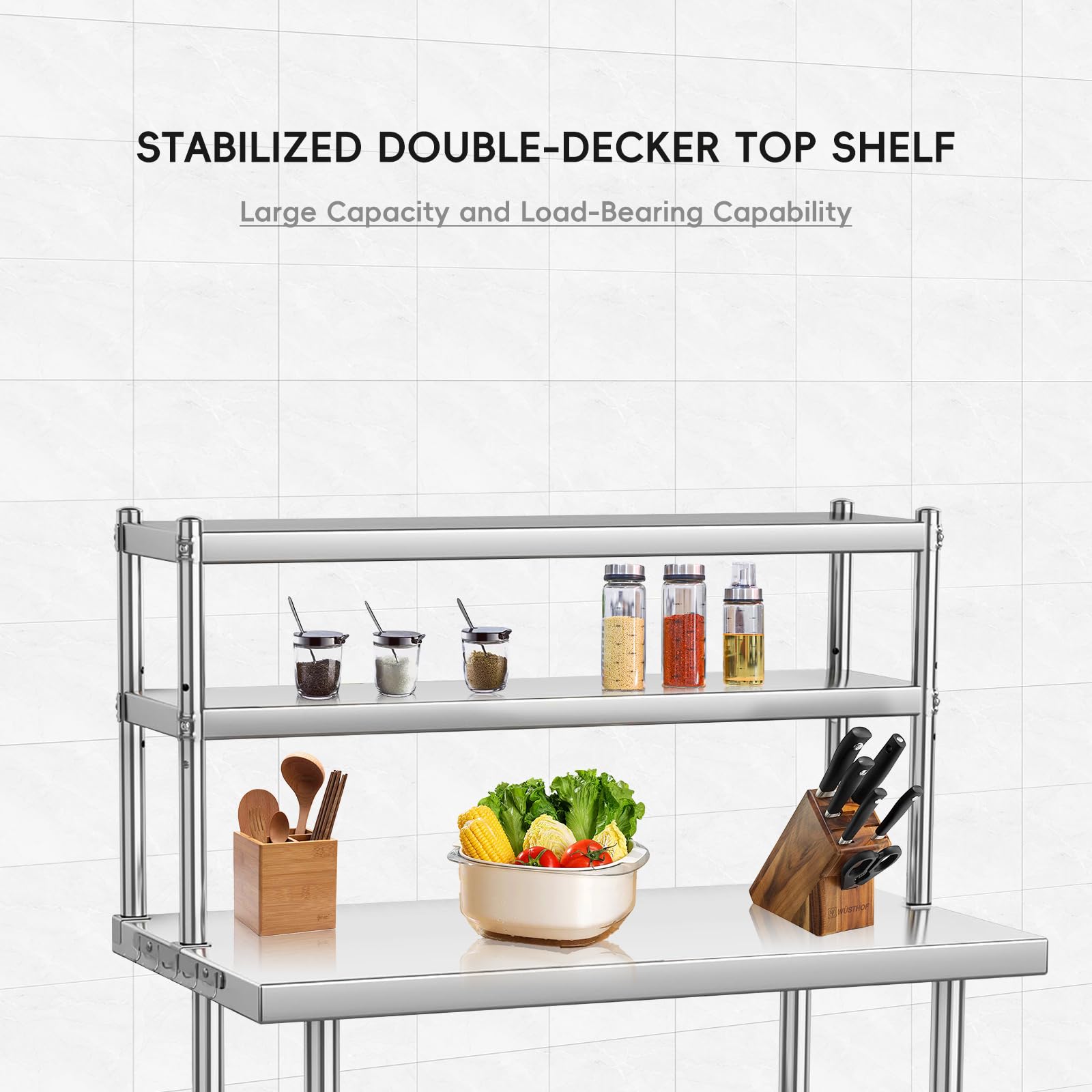 36 x 24 Inches Stainless Steel Work Table with Overshelves, NSF Heavy Duty Commercial Food Prep Worktable with Adjustable Shelf & Hooks for Kitchen Prep Work