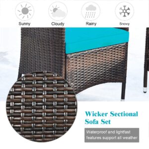 Goplus 4-Piece Rattan Patio Set, Outdoor/Indoor Wicker Conversation Set for Pool, Backyard, Lawn, Wicker Chairs and Sofa with Soft Cushion, Rattan Furniture with Tempered Glass Coffee Table